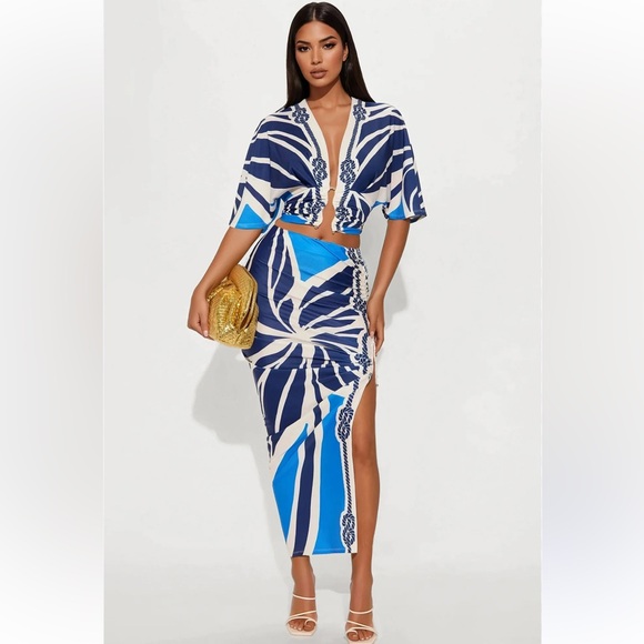 Fashion Nova Blue & White Two-Piece Printed Skirt Set - Picture 12 of 12